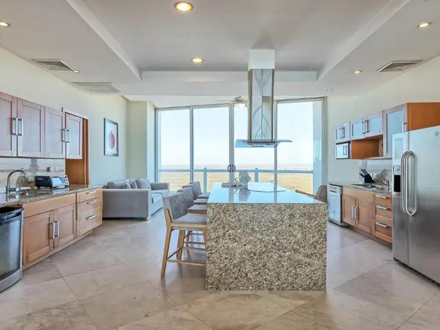 Equipped kitchen with a large refrigerator and a dishwasher